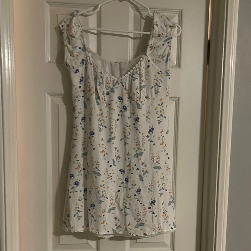 La Hearts White Floral Mini Dress with Blue and Yellow Accents